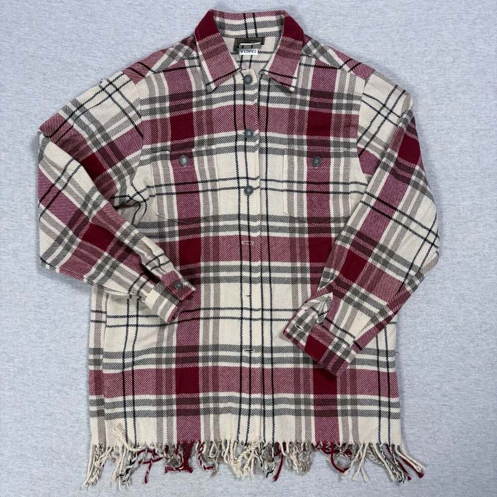 Roper Plaid Fringe Flannel Shirt Size S Red Ivory Wool Blend Shacket